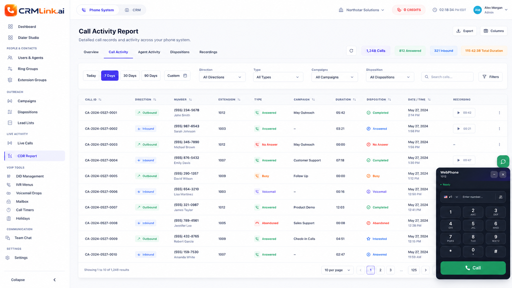 CRMLink unified call activity report with call records and softphone dialpad