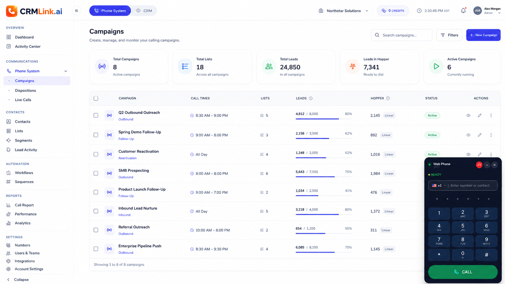 CRMLink Campaigns manager with active campaigns, call stats, and power dialer